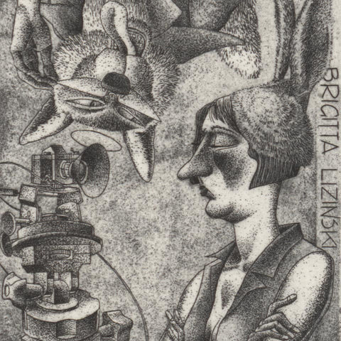 [a bookplate for Brigitta Lizinski by Erhard Beitz]