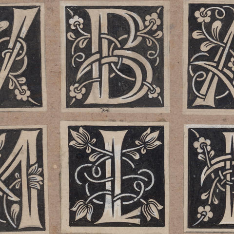 [8 hand-drawn initials by Vratislav Hugo Brunner + a silver print of a Brunner exhibition]