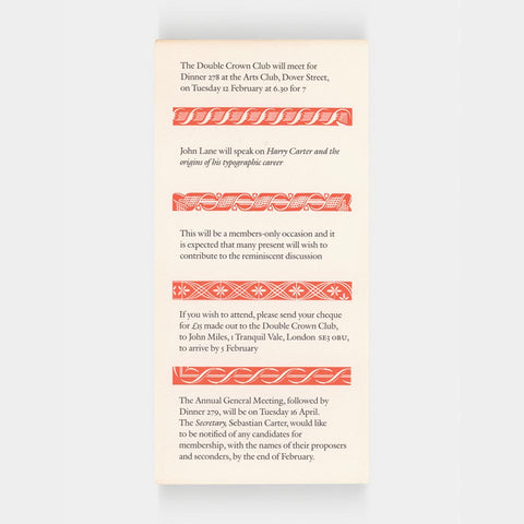 John Lane will speak on “Harry Carter and the origins of his typographic career” [announcement + menu]