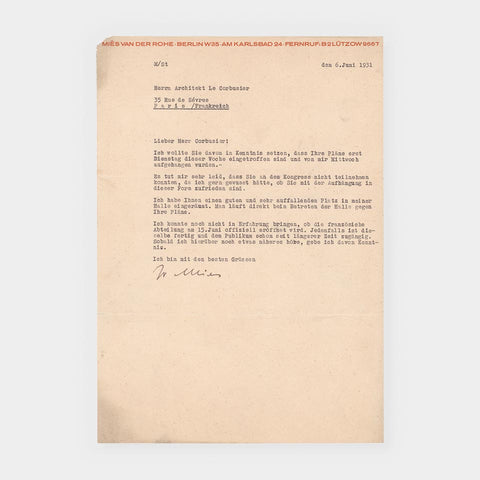 [a letter from Miës van der Rohe to Le Corbusier]