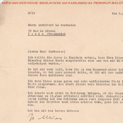 [a letter from Miës van der Rohe to Le Corbusier]