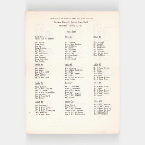 Dinner Held in Honor of Carl Purington Rollins [Guest List and Seating Chart]